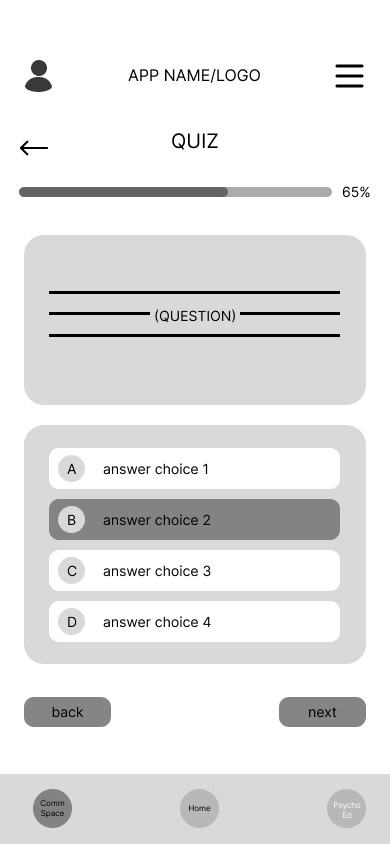 Psychoeducation quiz screen: grayscale wireframe